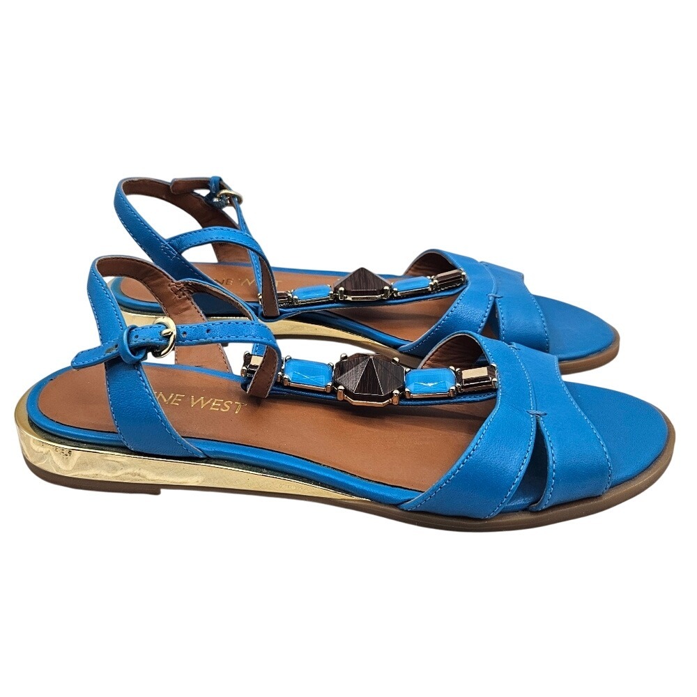 Nine West NWXYLIA Blue Leather Embellished T-Strap‎ Flat Sandals Gold Heel 6M